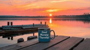 A sunrise at at lake and a wooden dock. There